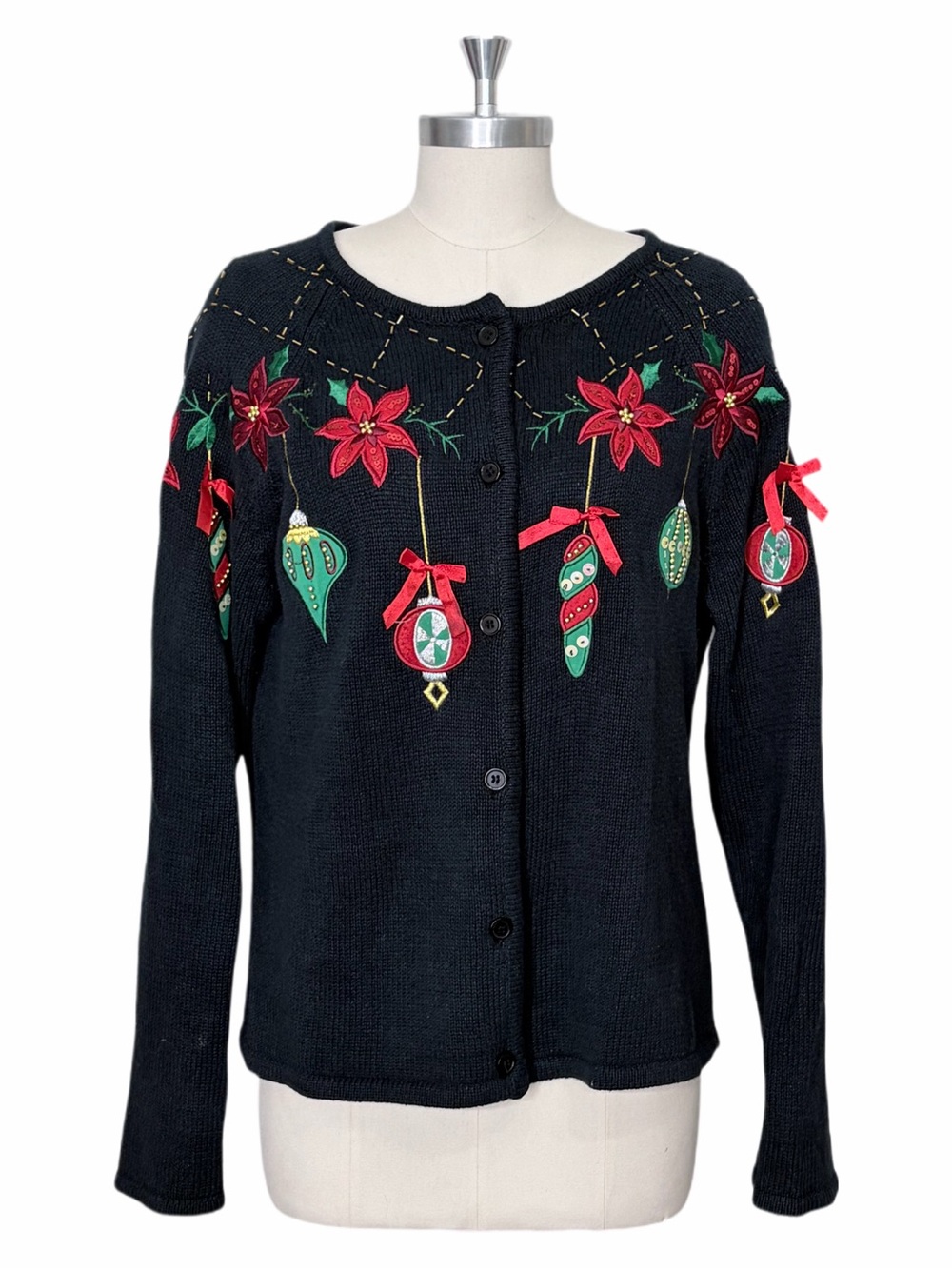 Dressbarn Vintage Black Embroidered Holiday Sweater Beads Sequins Size Large